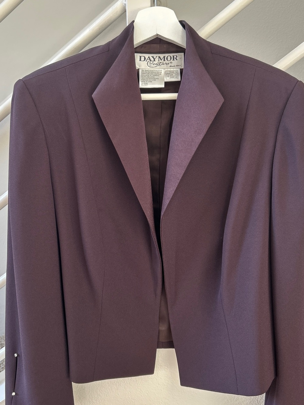 NEW Daymor Couture Plum Tuxedo Evening Jacket Blazer Satin Lapel Crystal Cuff 12